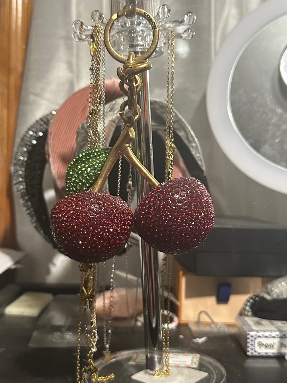 Coach Red Crystal Cherry Charm Keyring with Green Leaf - Picture 4 of 5